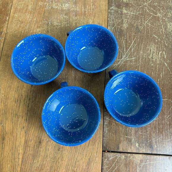 Vintage Blue White Speckled Enamel Graniteware set of 4 coffee cup mugs - Picture 6 of 8